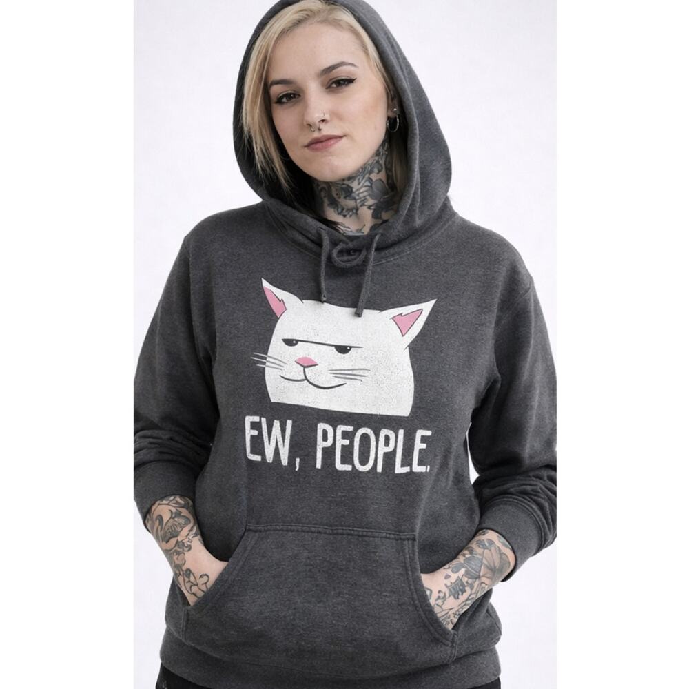 Funny Cat Hoodie Ew People Graphic Gray Pullover Sweatshirt XL